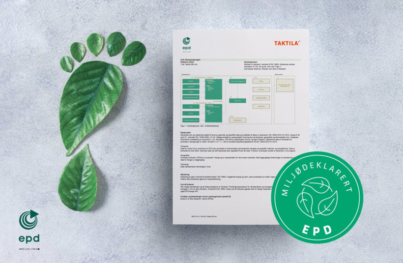 et dokument med en grønn fot av blader som symboliserer C02 fotavtrykk, og logoikoner med miljødeklarasjonog EPD Norge. Illustrasjon